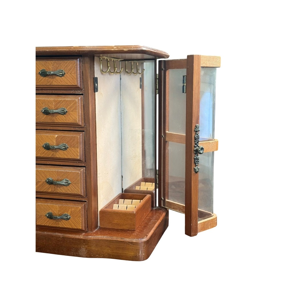 Vintage Wood Jewelry Armoire 5 Drawer Necklace Carousel Mirrored Chest - Picture 2 of 9